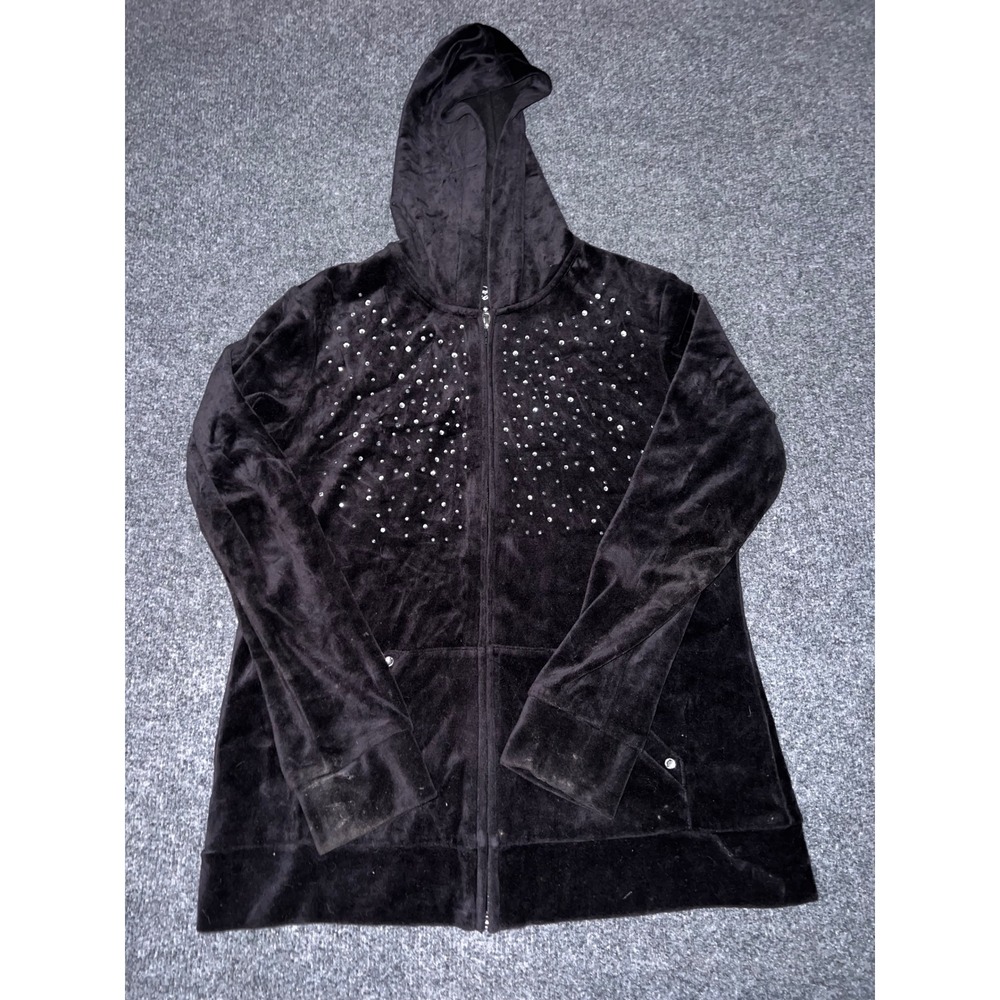 Style & Co Sport Black Velour Rhinestone Zip Up Hoodie Jacket Small